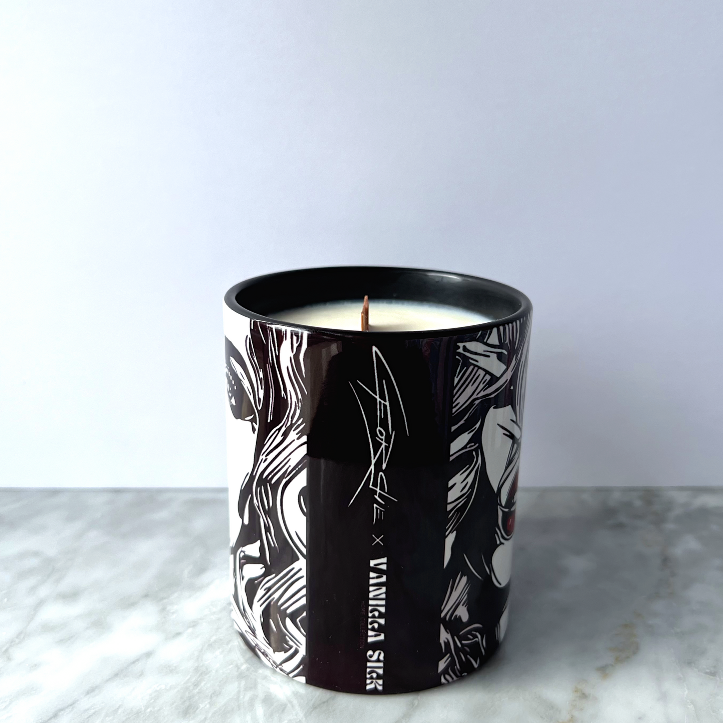 Black and white artwork coffee mug with soy wax scented candle and wood wick for mother's day. feminine body shape palm trees and marble table 