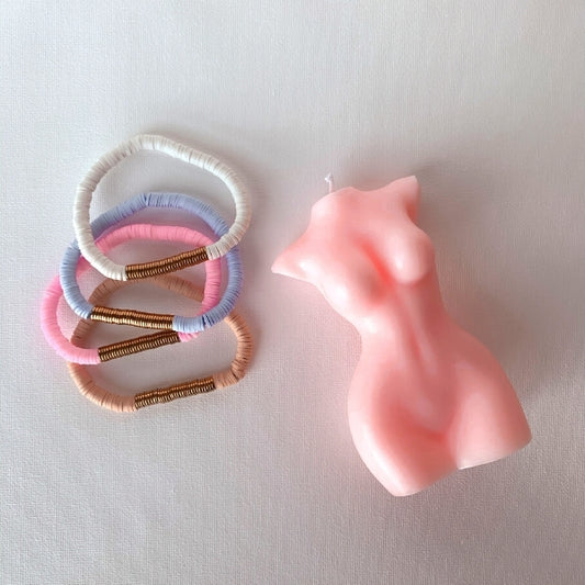 Laur's Story two piece bundle set - Pink naked body candle, white, pink, purple, beige Disk bracelet